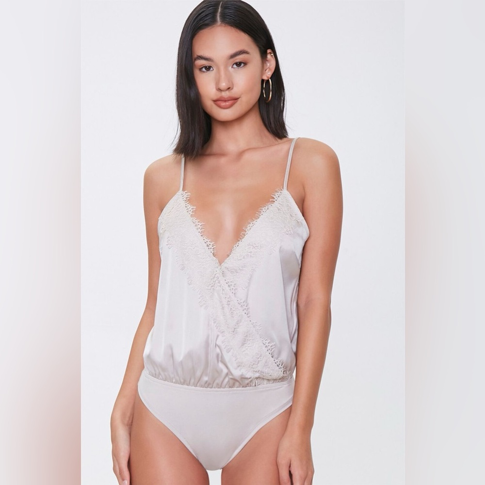 Lace Trim Satin Bodysuit - Matte Silver